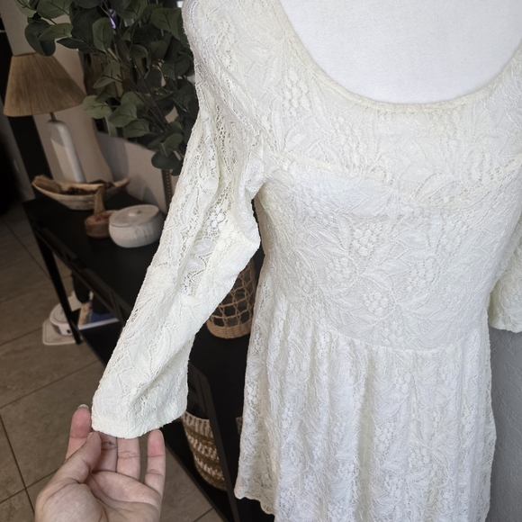 Free People Gypsy Mountain Ivory Lace 3/4 Sleeves Mini Dress Size L - Picture 4 of 10